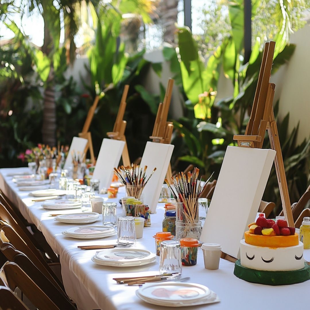 Long table set with easels, brushes and paints surrounded by tropical greenery